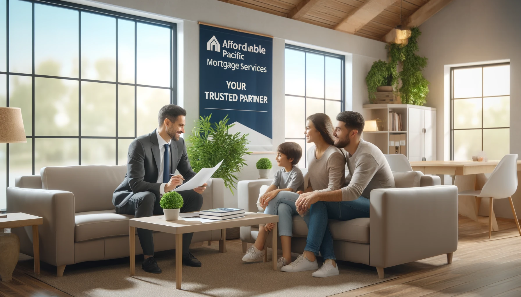 Family meeting with a mortgage advisor in a modern office with a banner reading 'Affordable Pacific Mortgage Services | Your Trusted Partner.'