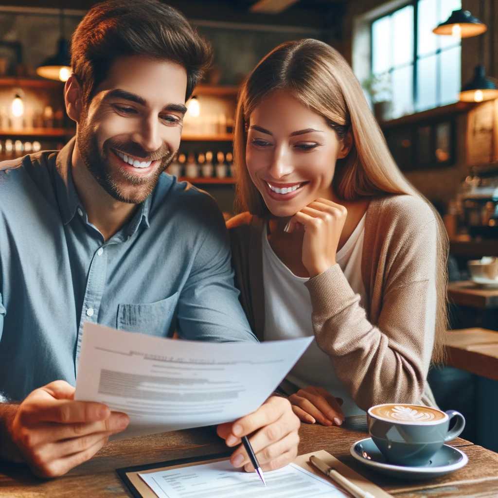 A business note buyer and a client in a cozy coffee shop, smiling and reviewing a document together over coffee.